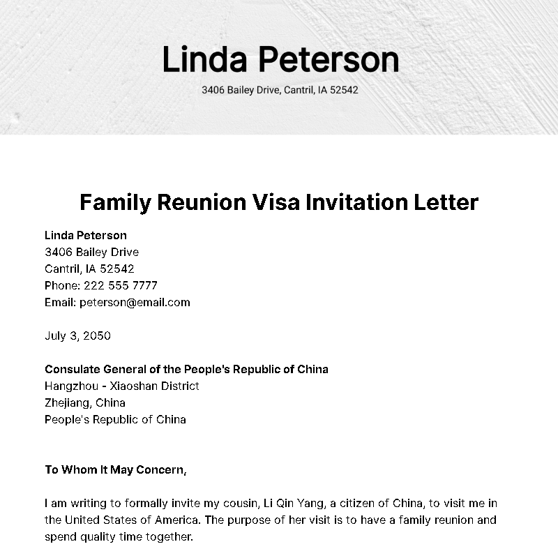 Family Reunion Visa Invitation Letter Template