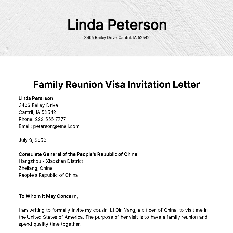 Family Reunion Visa Invitation Letter Template - Edit Online & Download