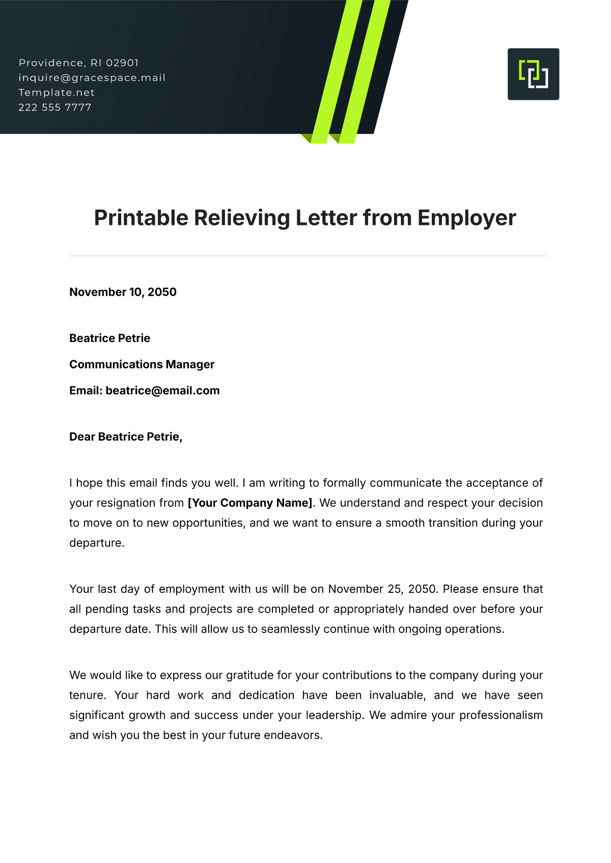 Printable Relieving Letter from Employer Template - Edit Online & Download