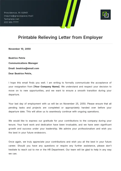 Free Printable Relieving Letter from Employer Template to Edit Online
