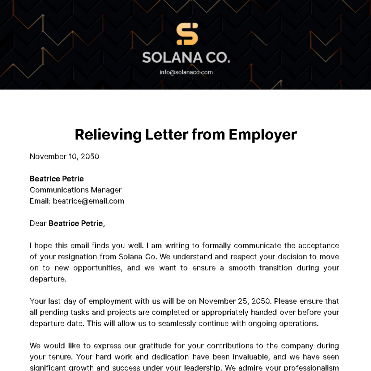 Relieving Letter from Employer Template
