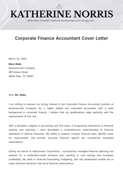 Free Corporate Finance Accountant Cover Letter Template to Edit Online