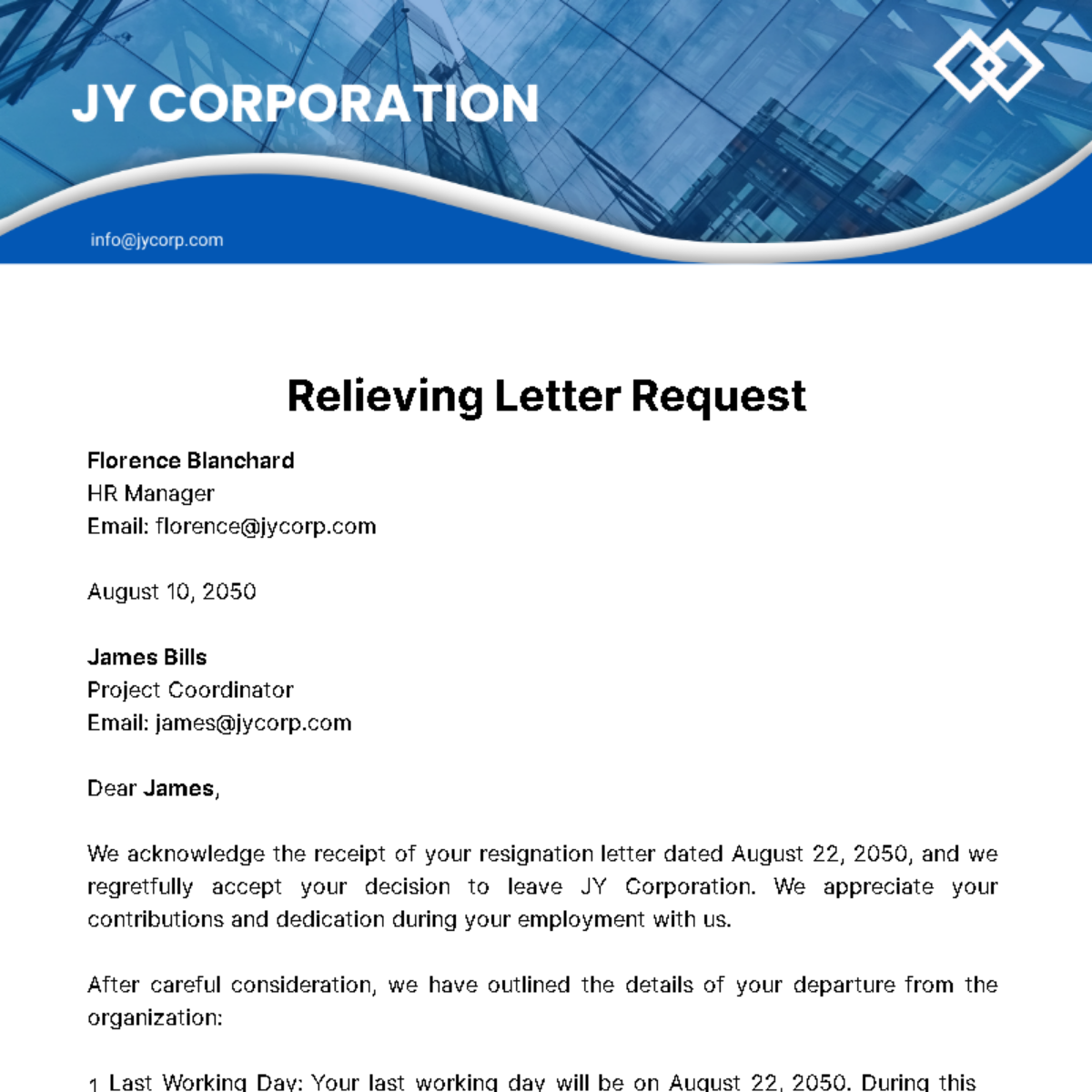Relieving Letter Request Template