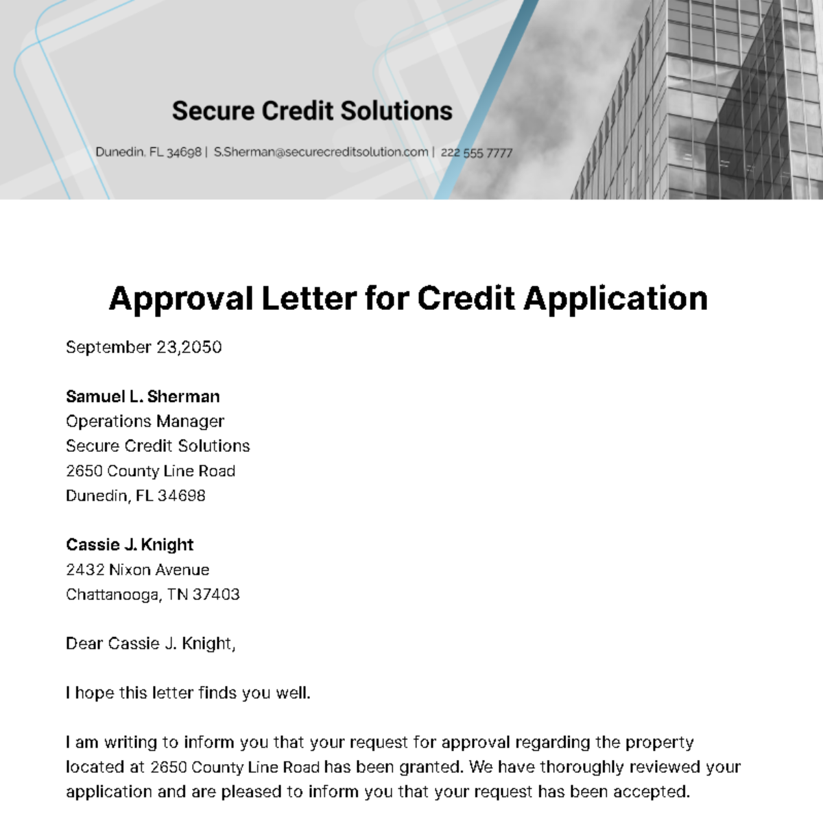 Free Approval Letter for Credit Application  Template