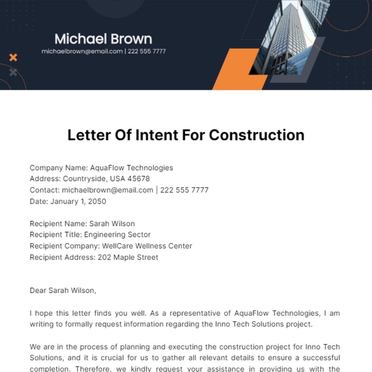 Letter Of Intent For Construction Template