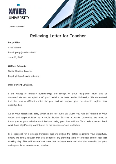 Free Relieving Letter for Teacher Template to Edit Online