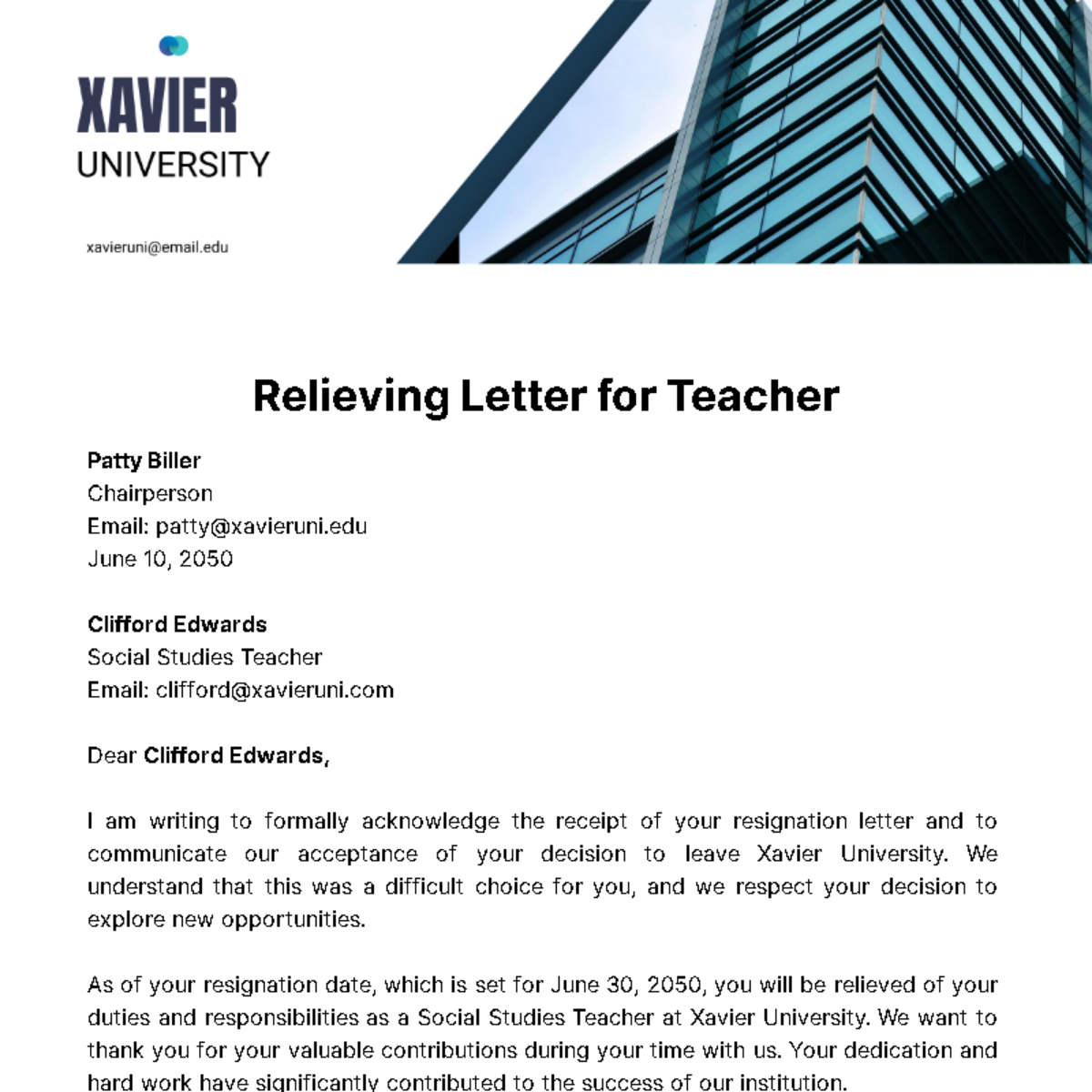 Relieving Letter for Teacher Template