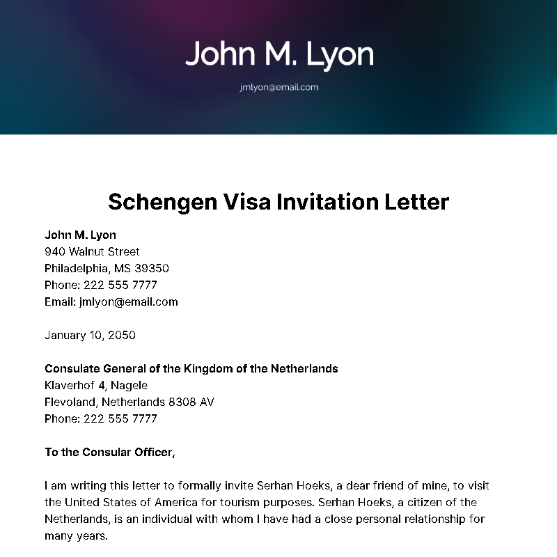 Schengen Visa Invitation Letter Template