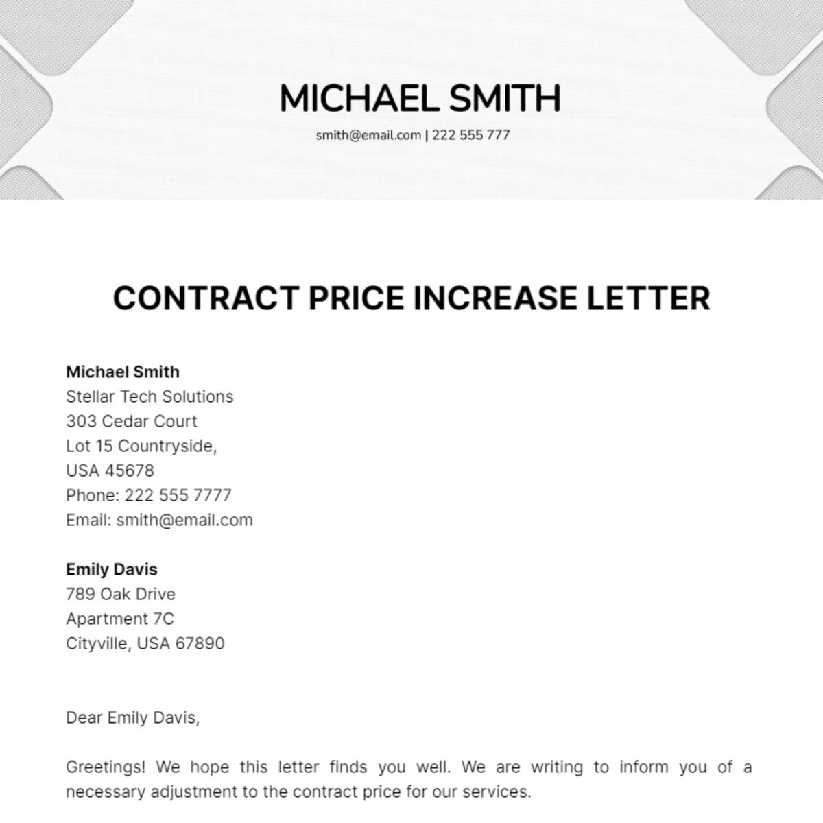 Free Contract Price Increase Letter Template