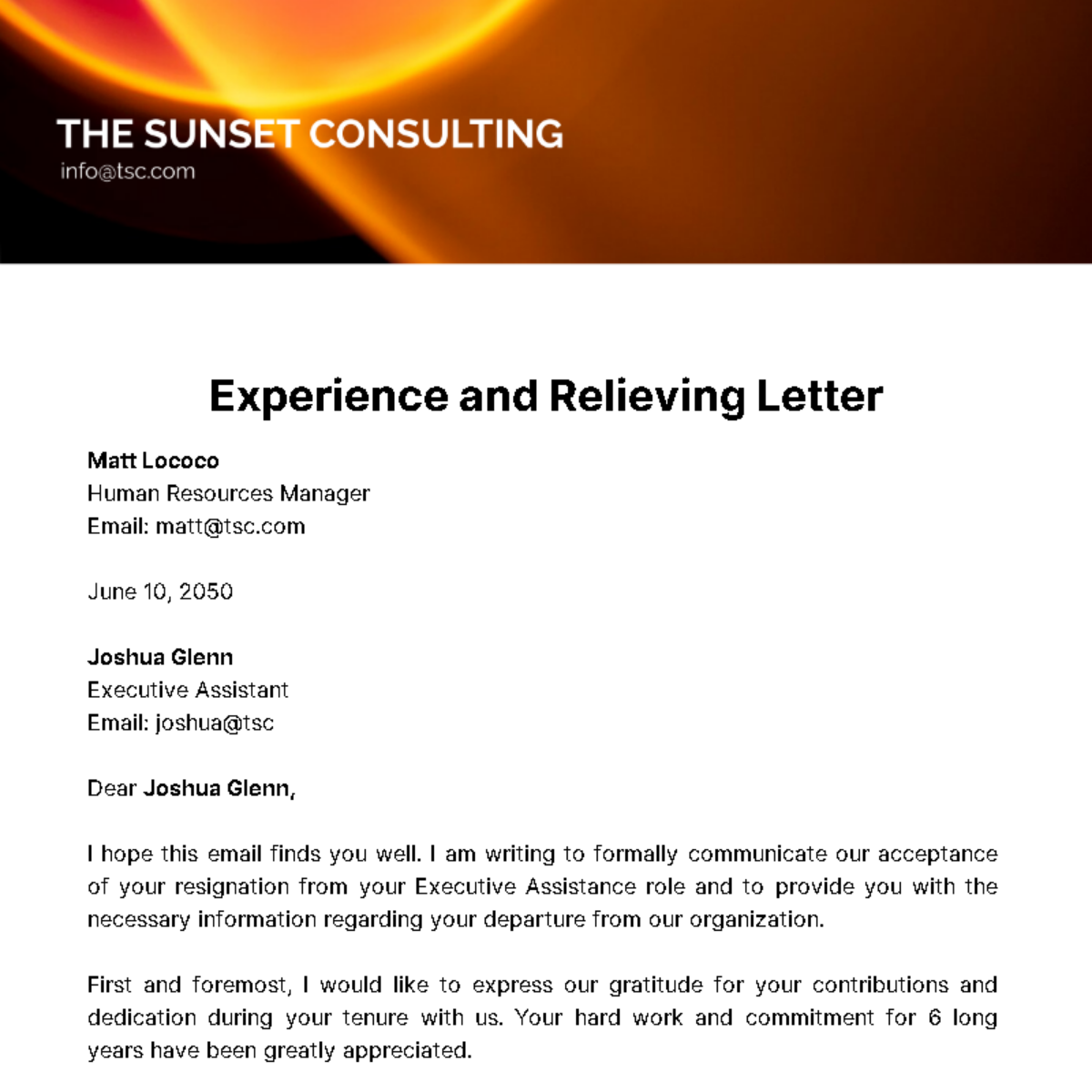 Experience and Relieving Letter Template