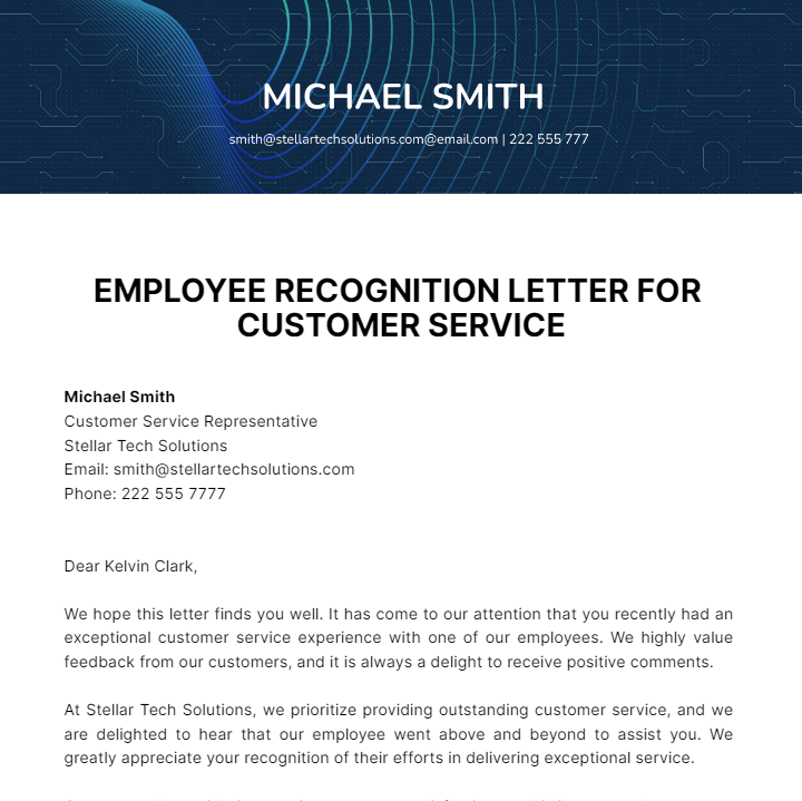 Employee Recognition Letter For Customer Service Template
