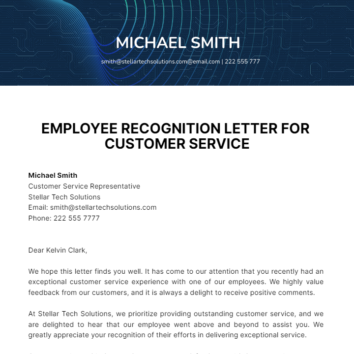 Employee Recognition Letter For Customer Service Template - Edit Online & Download