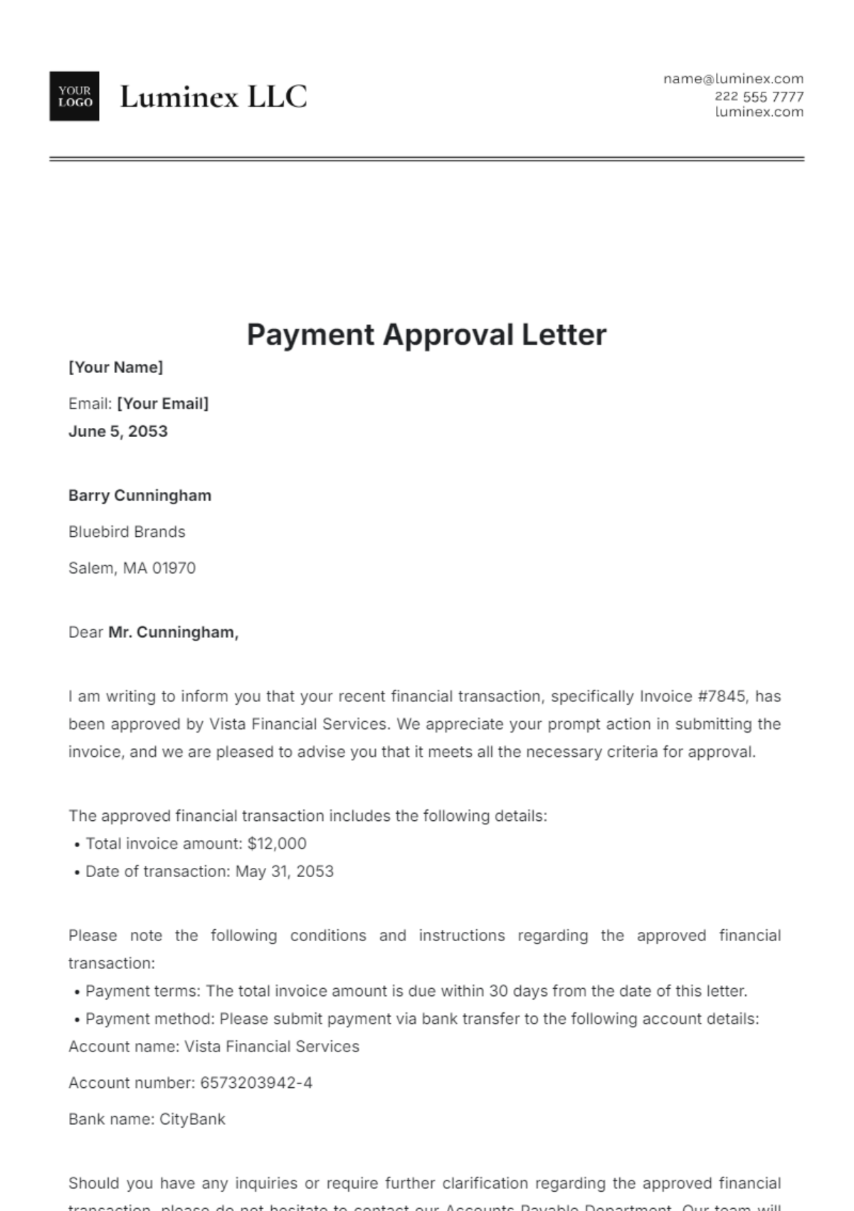 Payment Approval Letter  Template