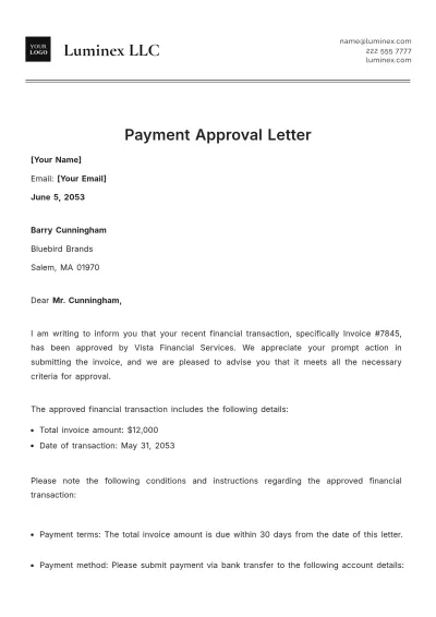 Free Payment Approval Letter  Template to Edit Online