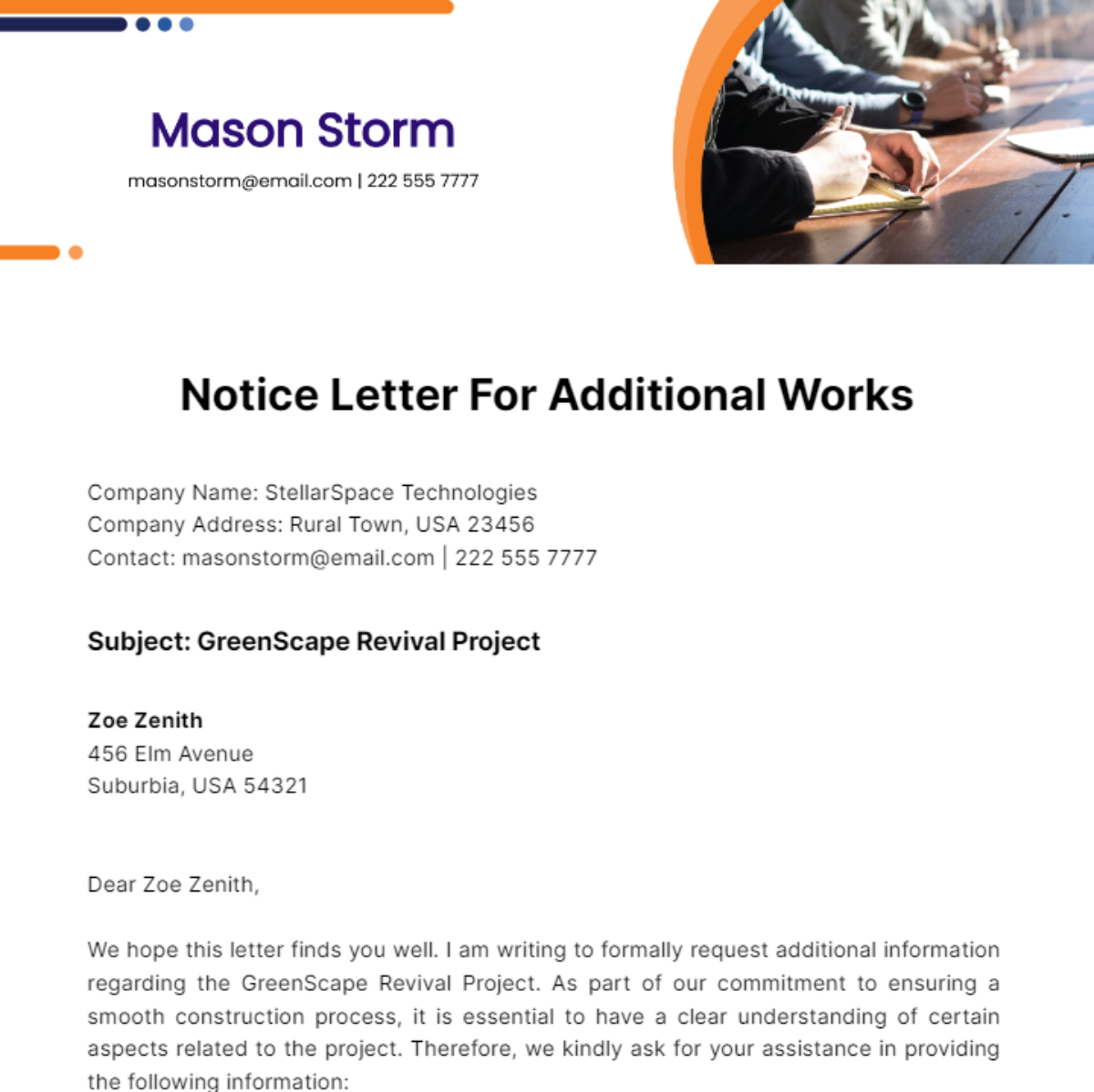 Notice Letter For Additional Works Template