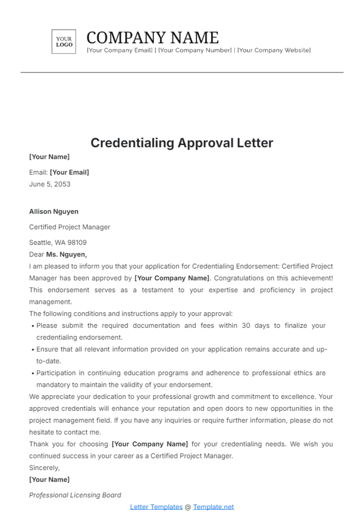 Credentialing Approval Letter Template