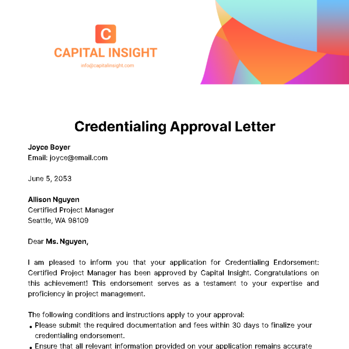 Free Credentialing Approval Letter  Template