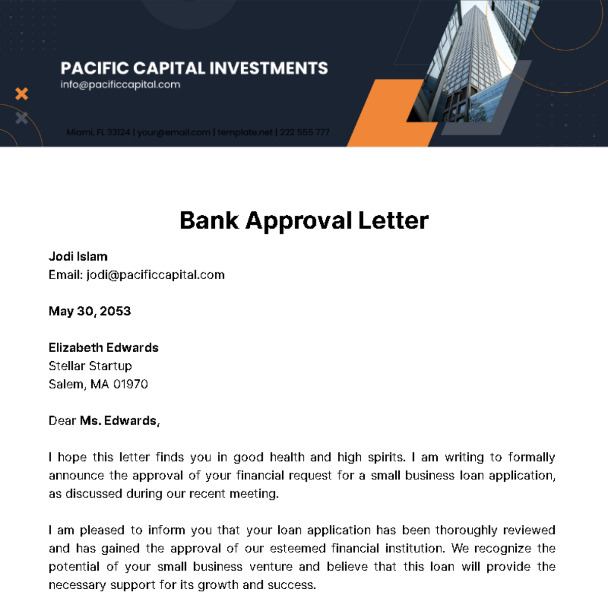 Free Bank Approval Letter  Template