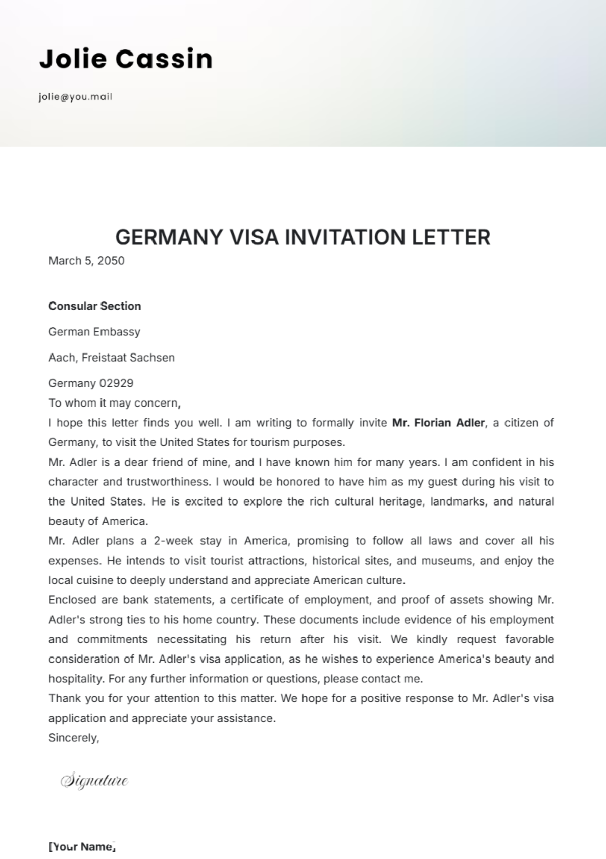 Germany Visa Invitation Letter Template - Edit Online & Download