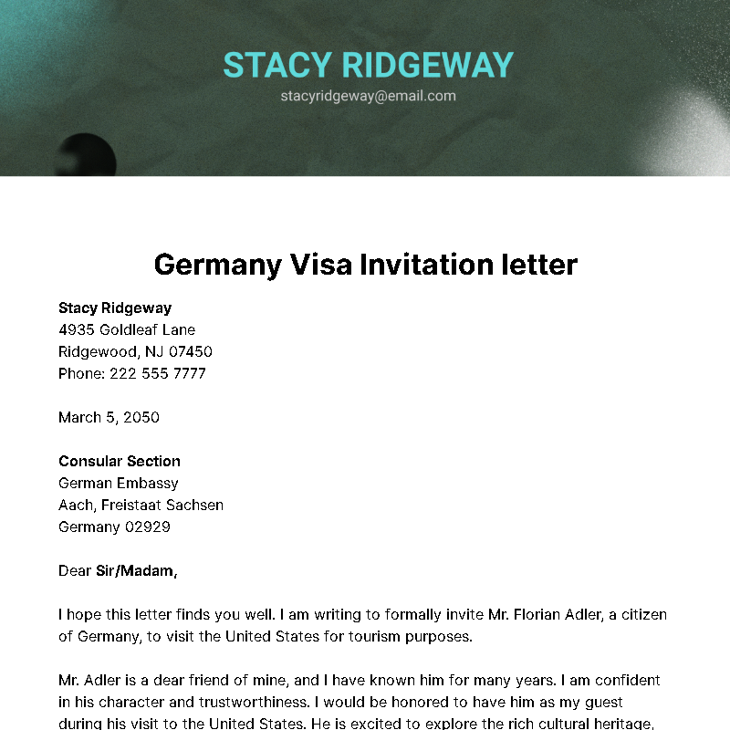 Germany Visa Invitation letter Template