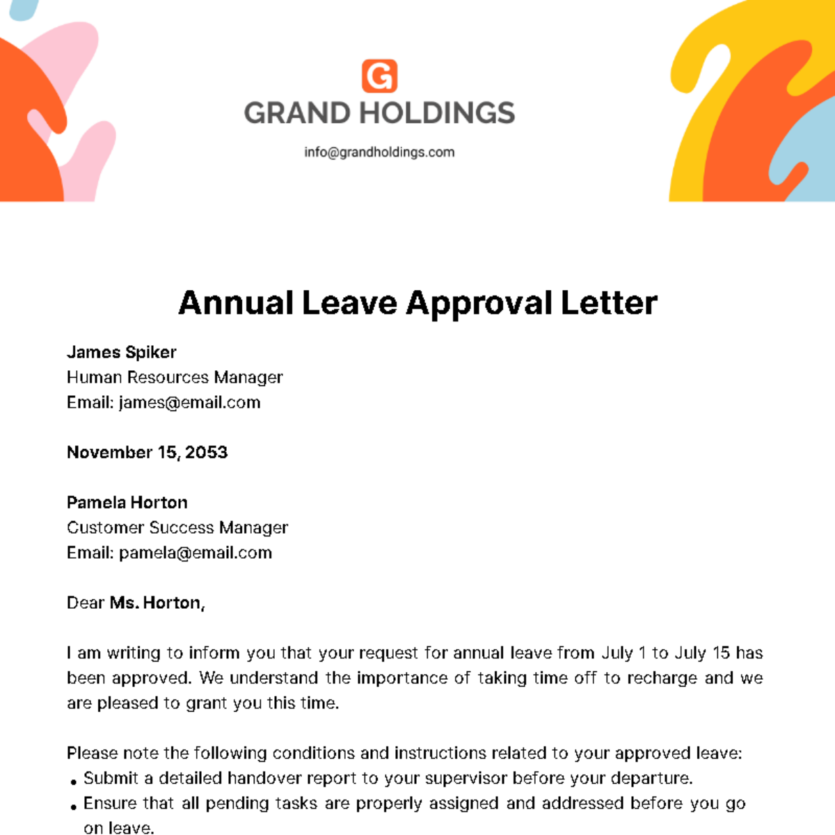Free Annual Leave Approval Letter  Template