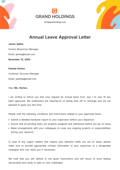 Free Annual Leave Approval Letter  Template to Edit Online