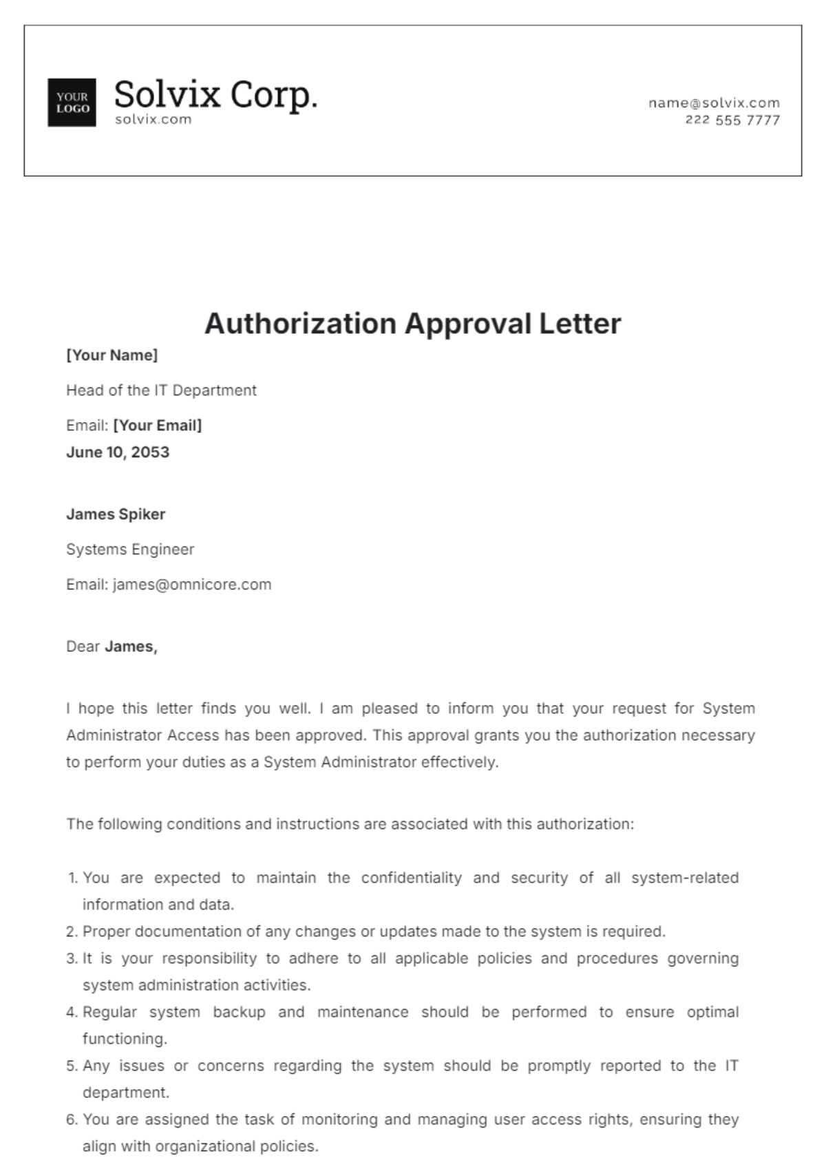 Authorization Approval Letter Template