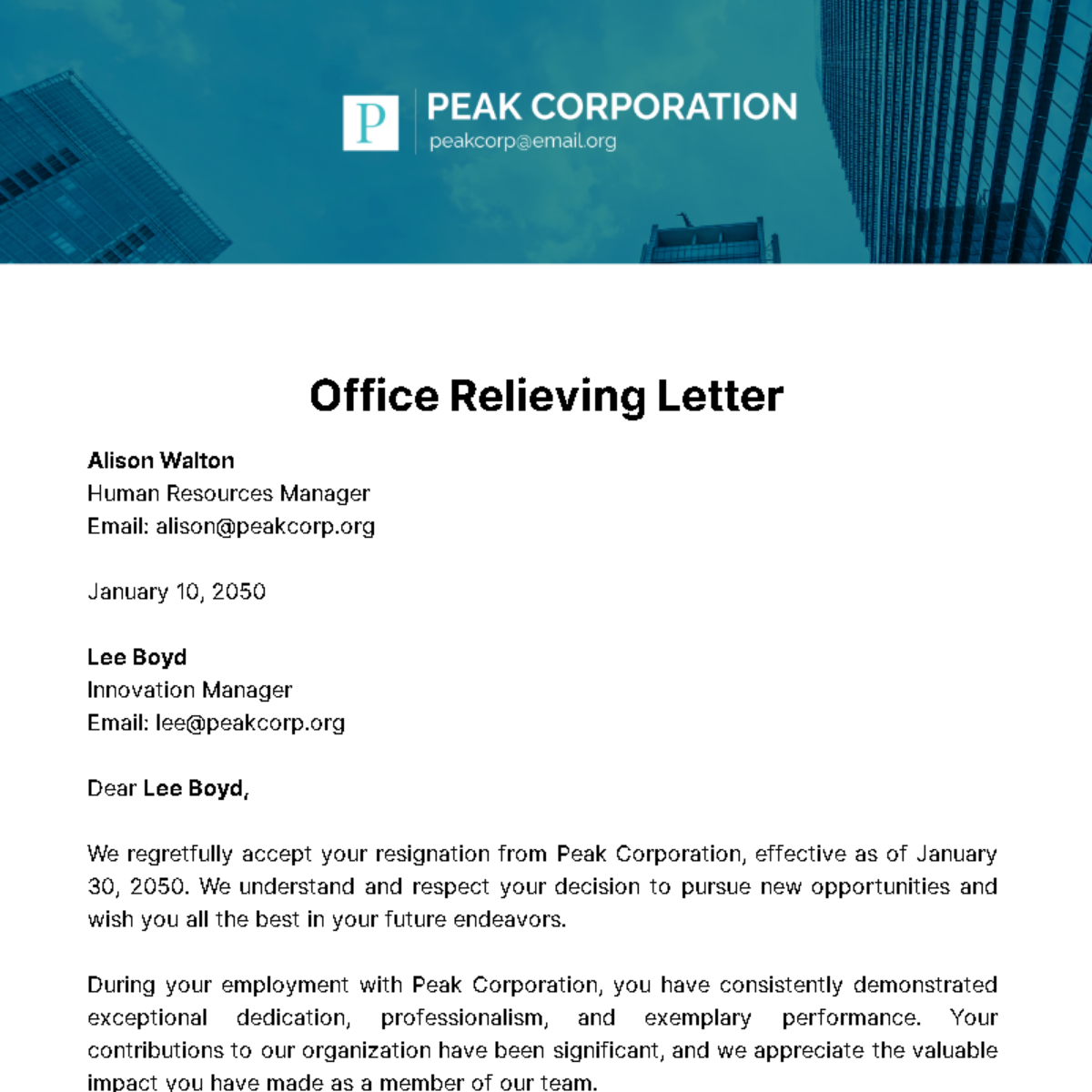 Office Relieving Letter Template