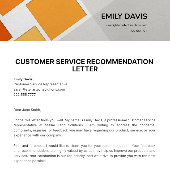 Customer Service Recommendation Letter Template