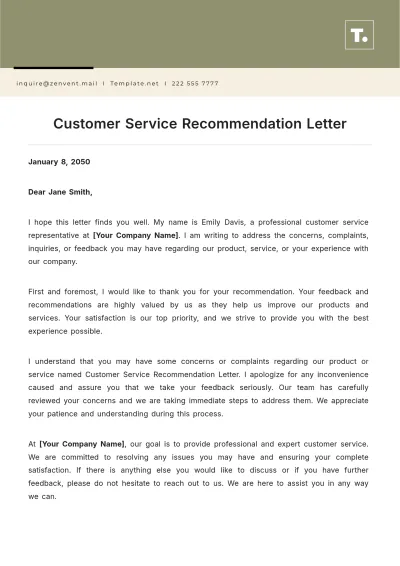 Free Customer Service Recommendation Letter Template to Edit Online