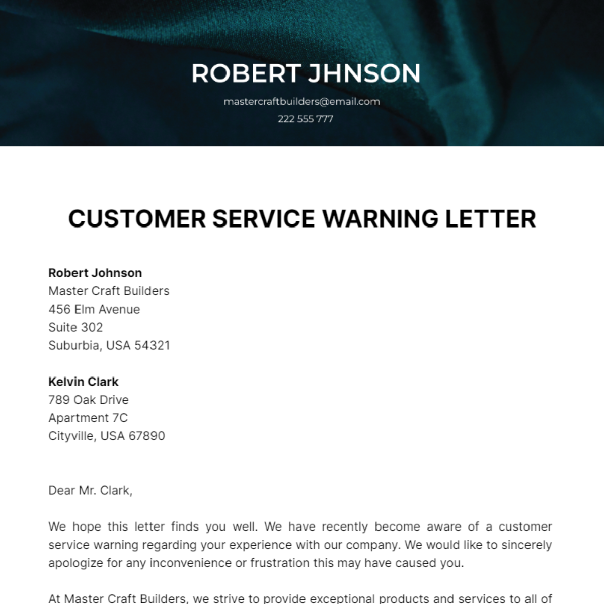Customer Service Warning Letter Template