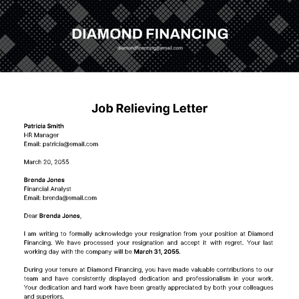 Job Relieving Letter Template