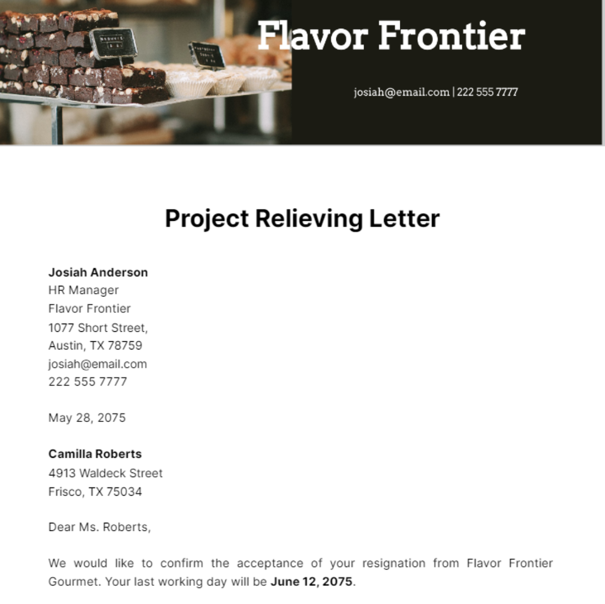 Project Relieving Letter Template