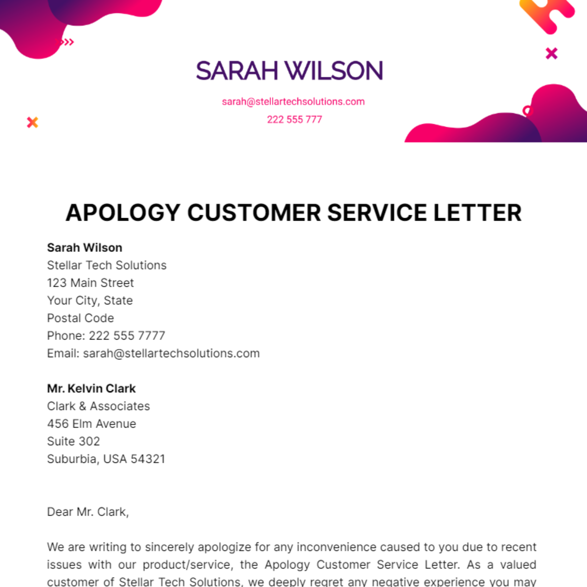 Free Apology Customer Service Letter Template