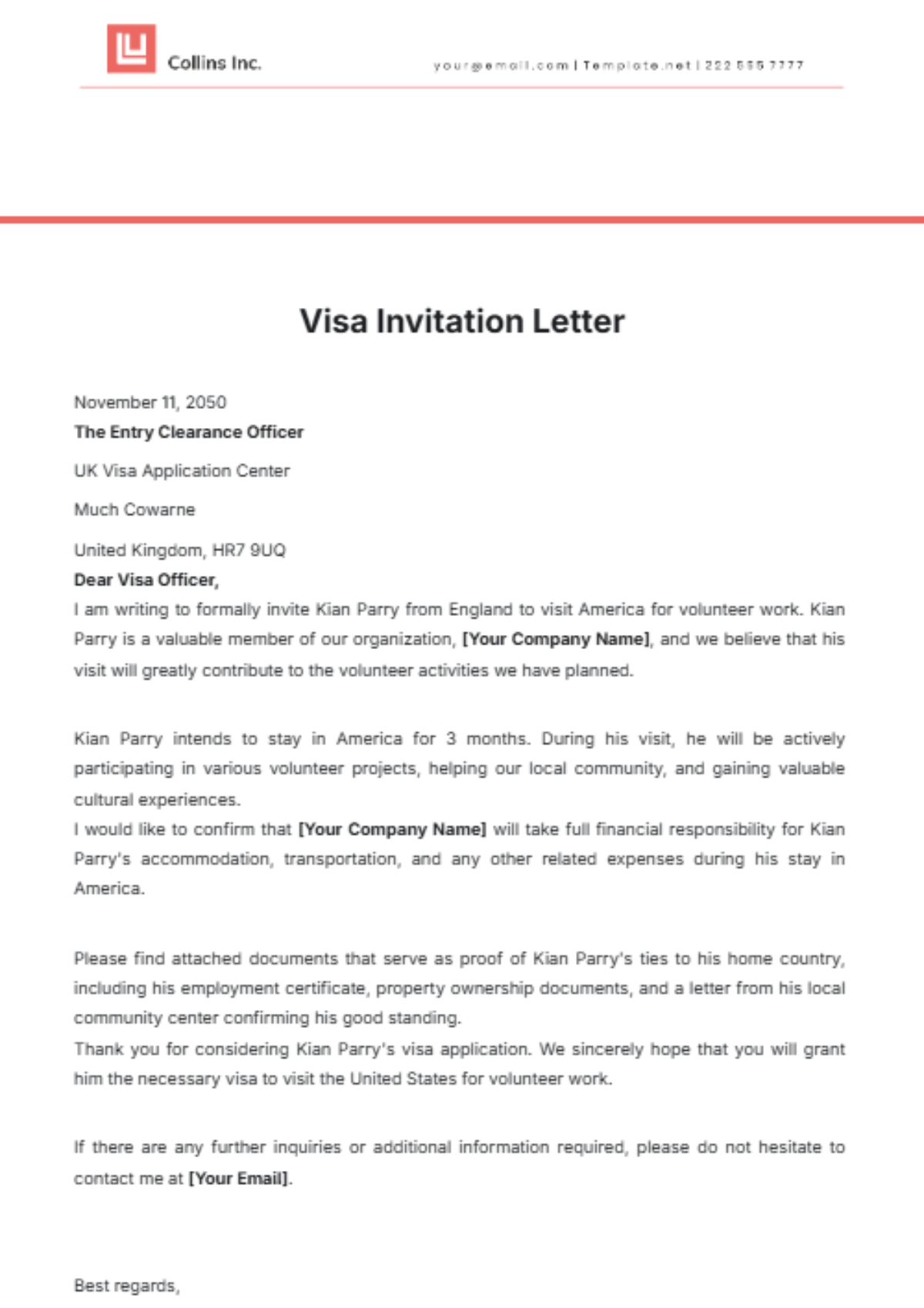 UK Visa Invitation Letter Template