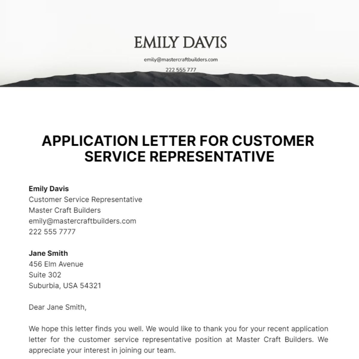 Application Letter For Customer Service Representative Template