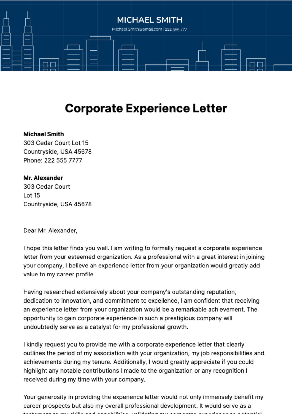 Corporate Experience Letter Template