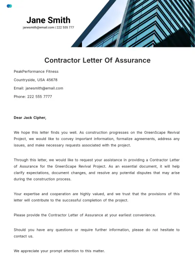 Free Contractor Letter Of Assurance Template to Edit Online