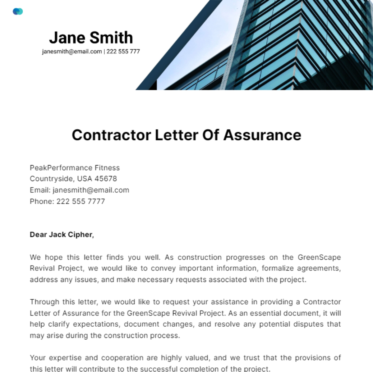 Contractor Letter Of Assurance Template