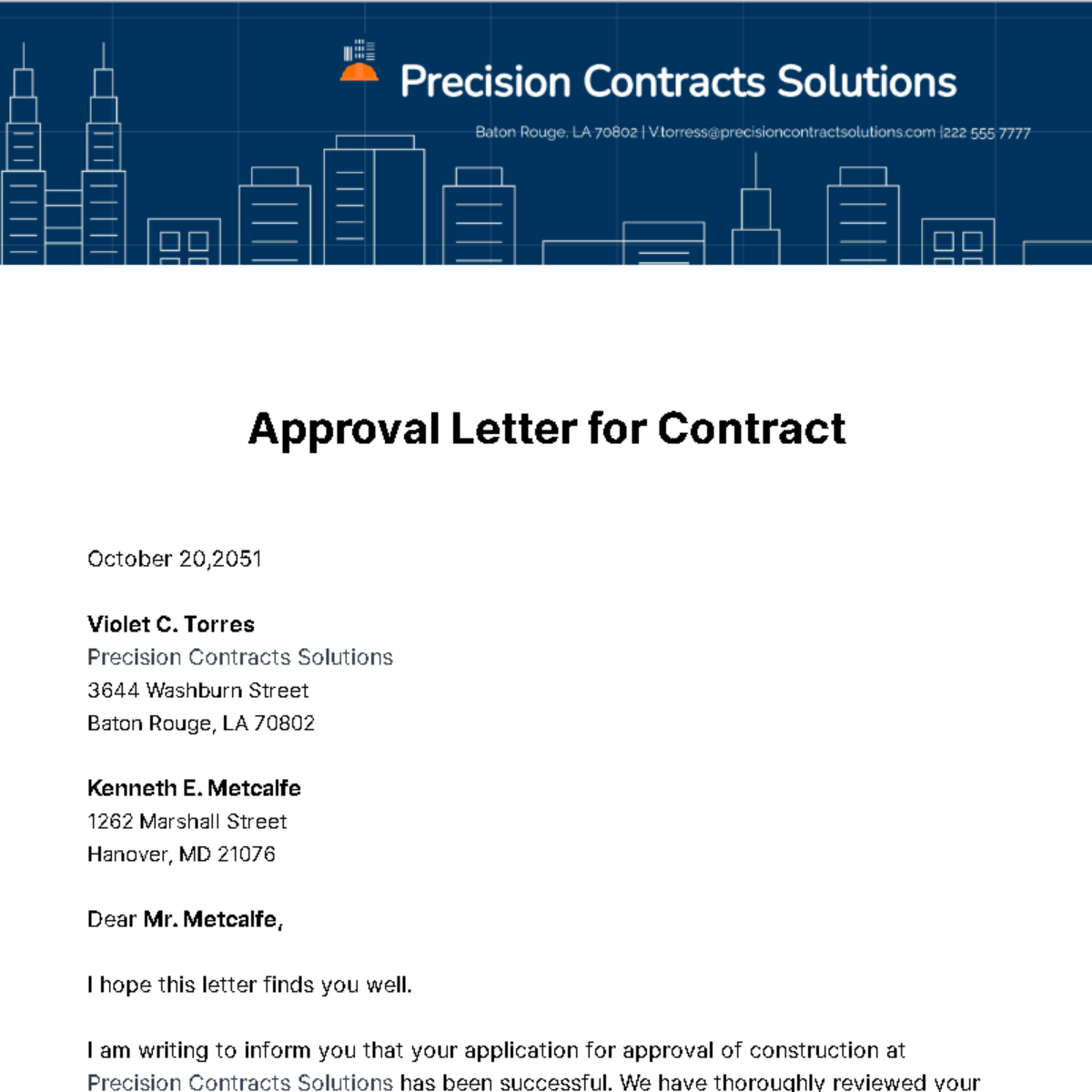 Approval Letter for Contract  Template