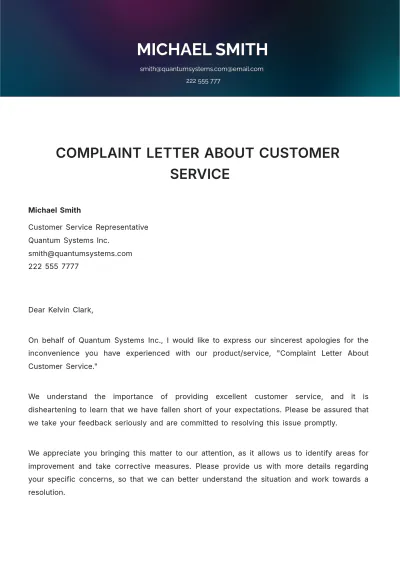 Free Complaint Letter About Customer Service Template to Edit Online