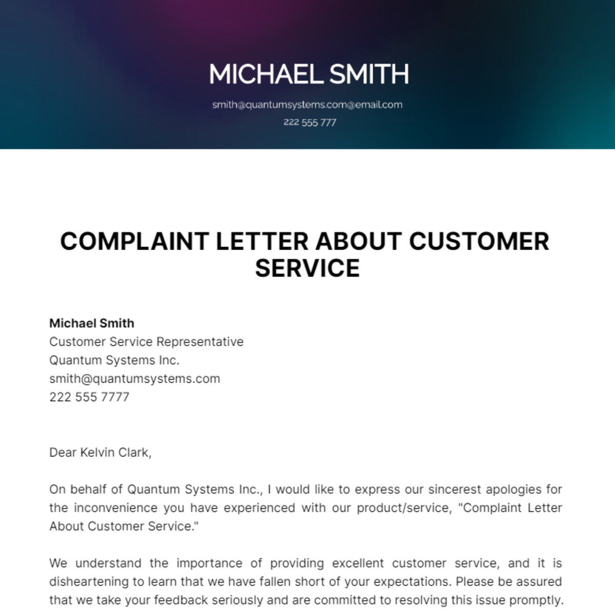 Complaint Letter About Customer Service Template