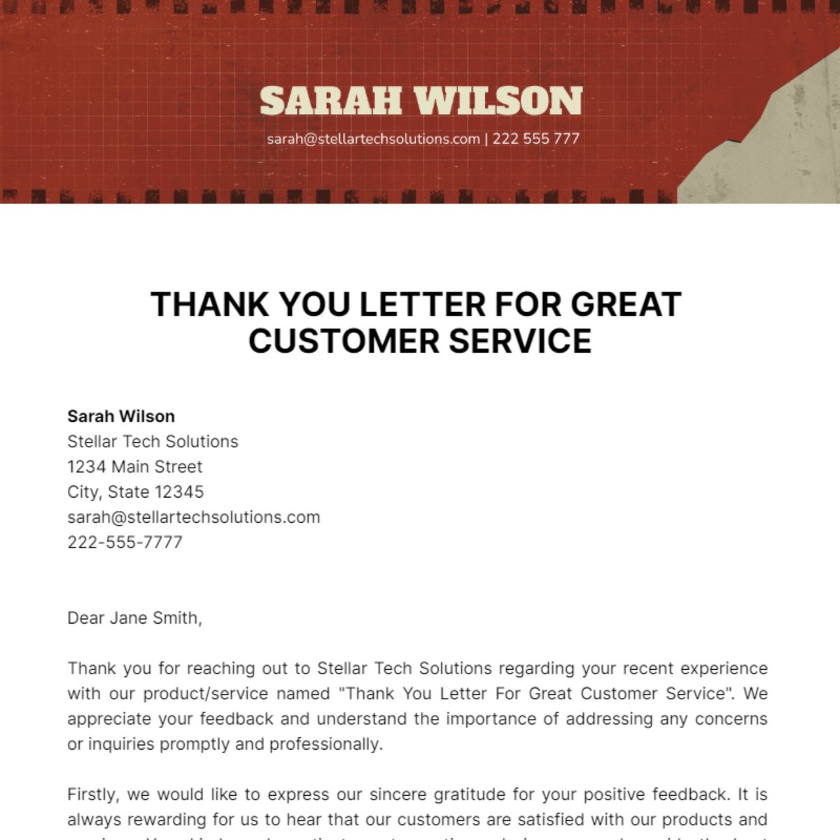 Thank You Letter For Great Customer Service Template