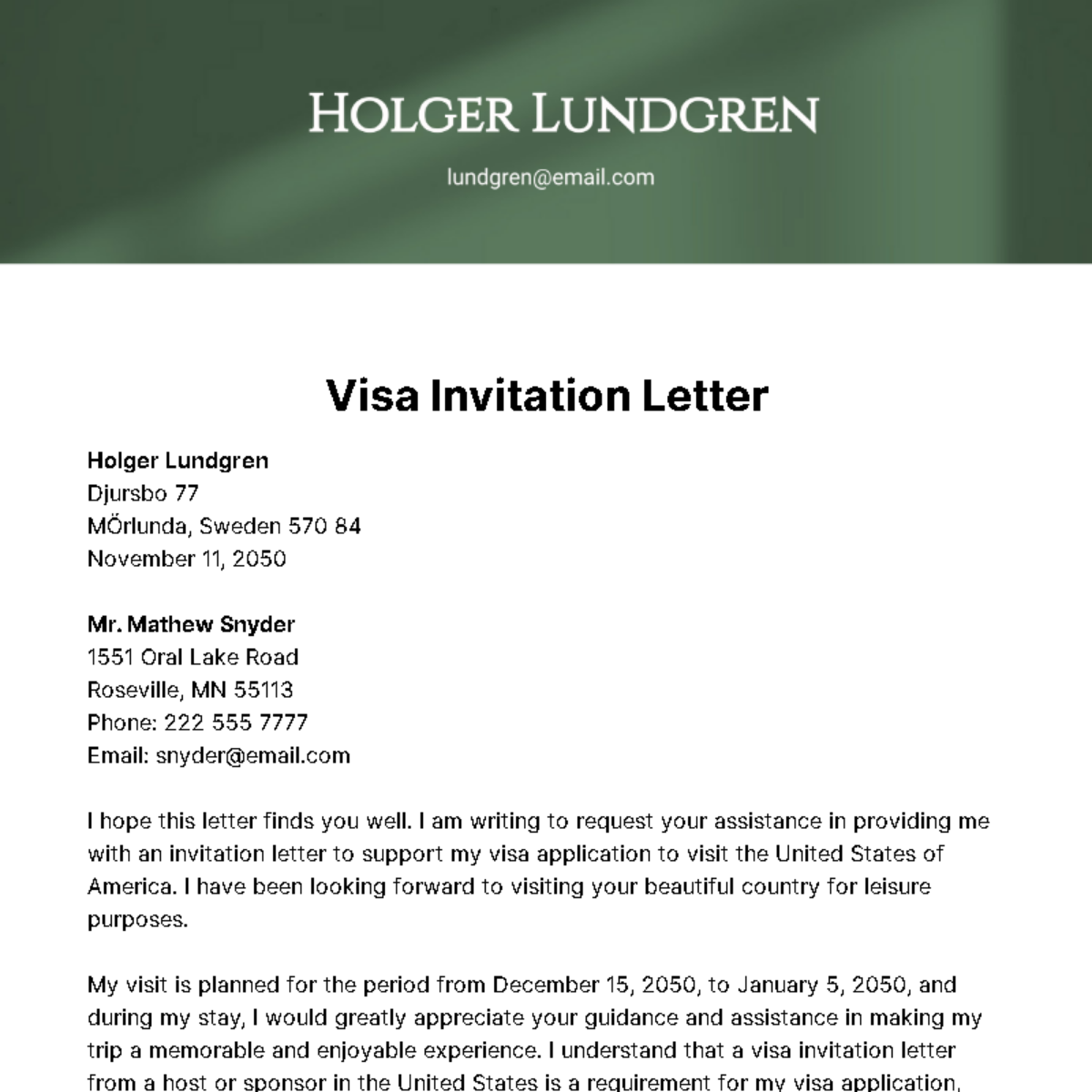 Requesting Visa Invitation Letter Template