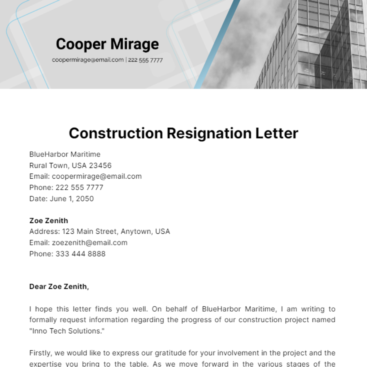 Construction Resignation Letter Template