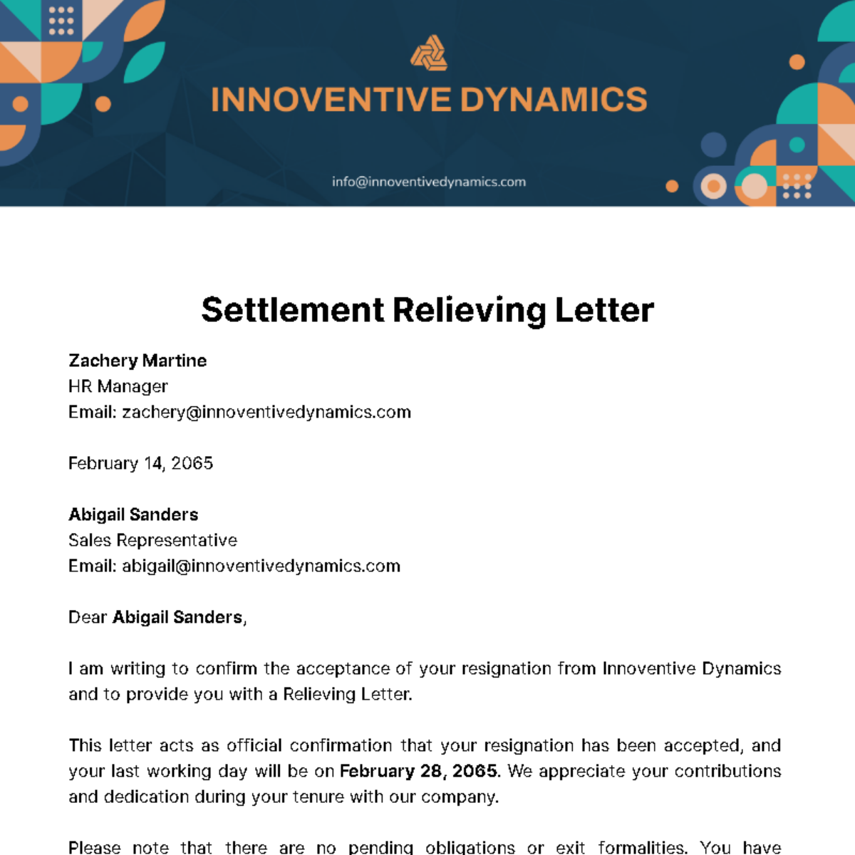 Settlement Relieving Letter Template
