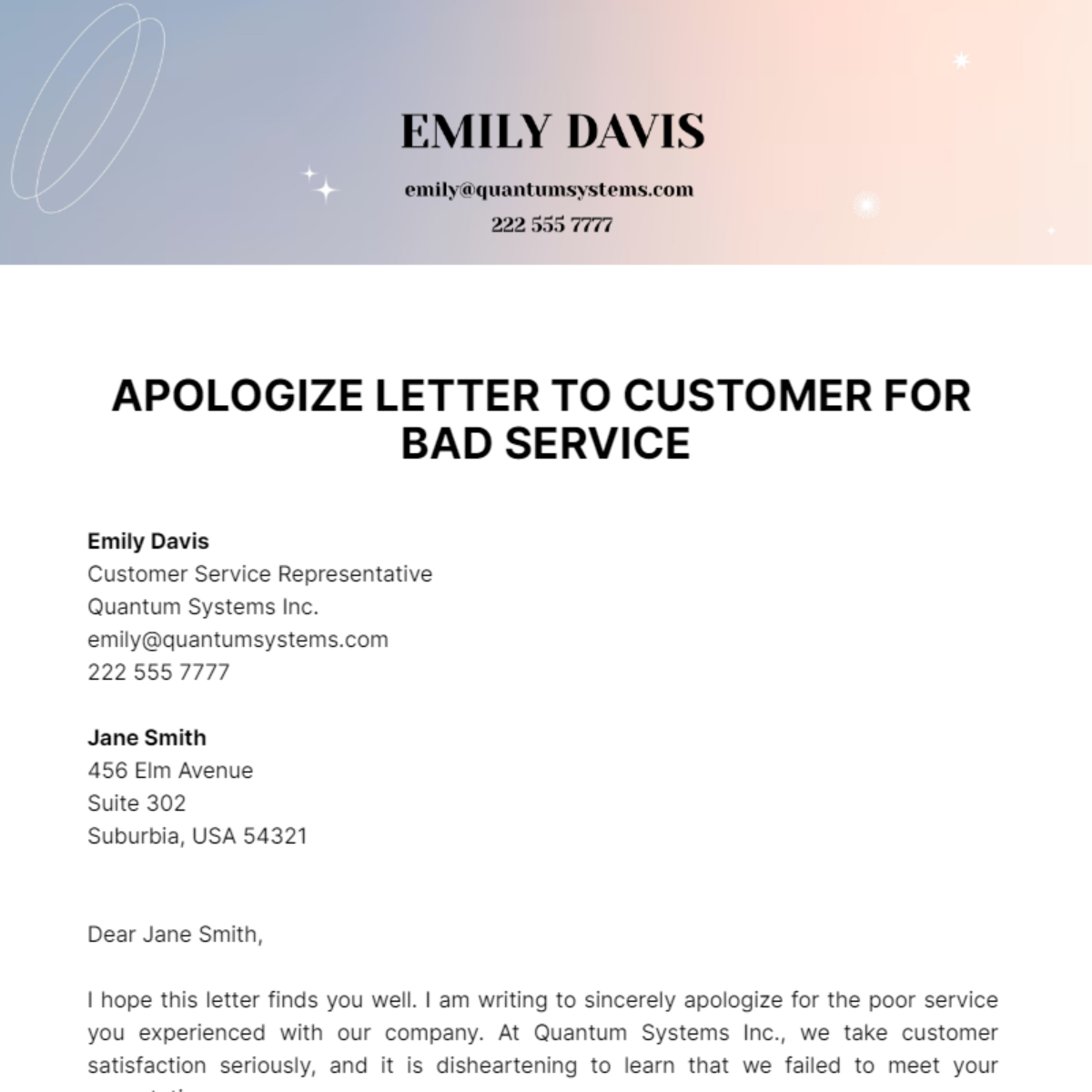 Apologize Letter To Customer For Bad Service Template