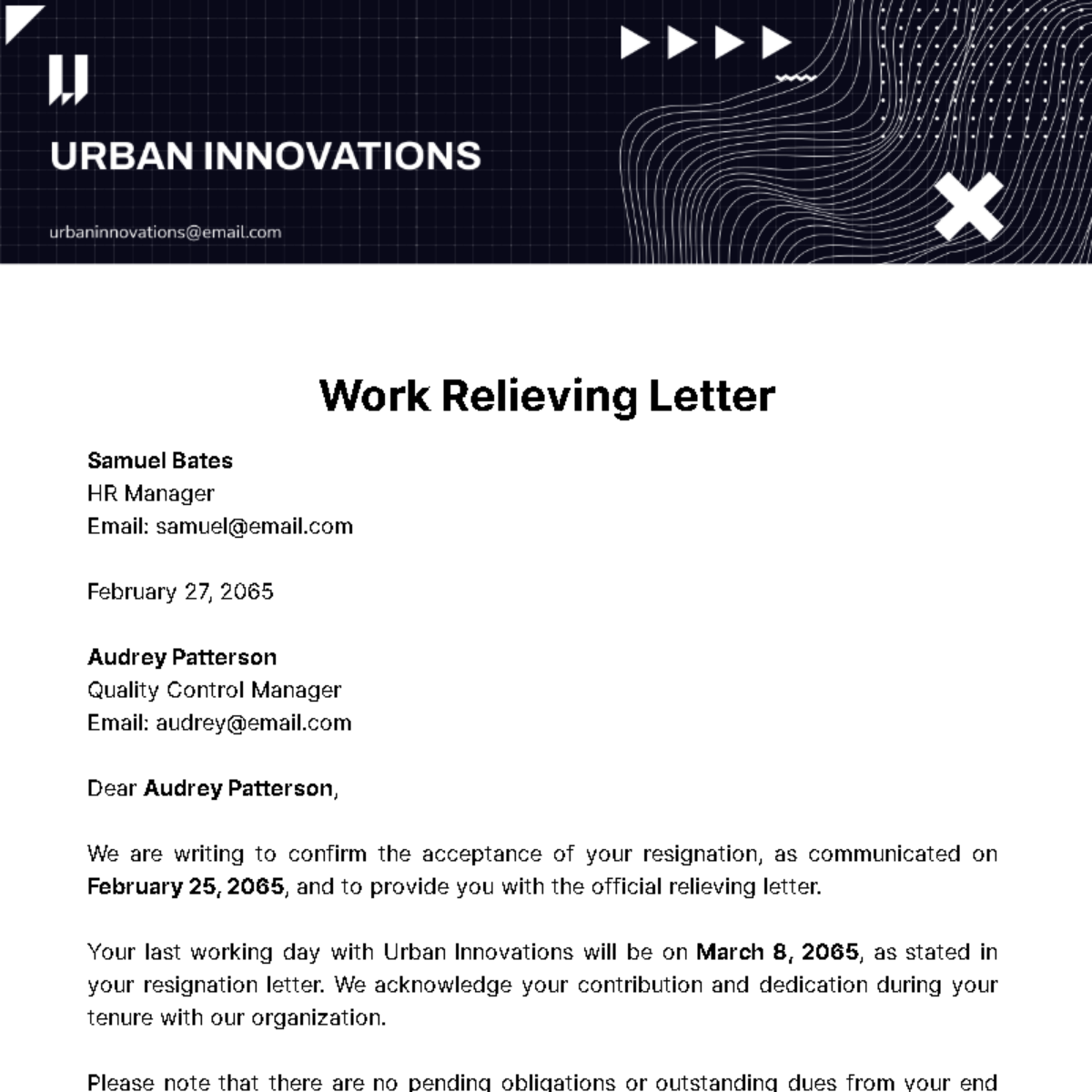 Work Relieving Letter Template