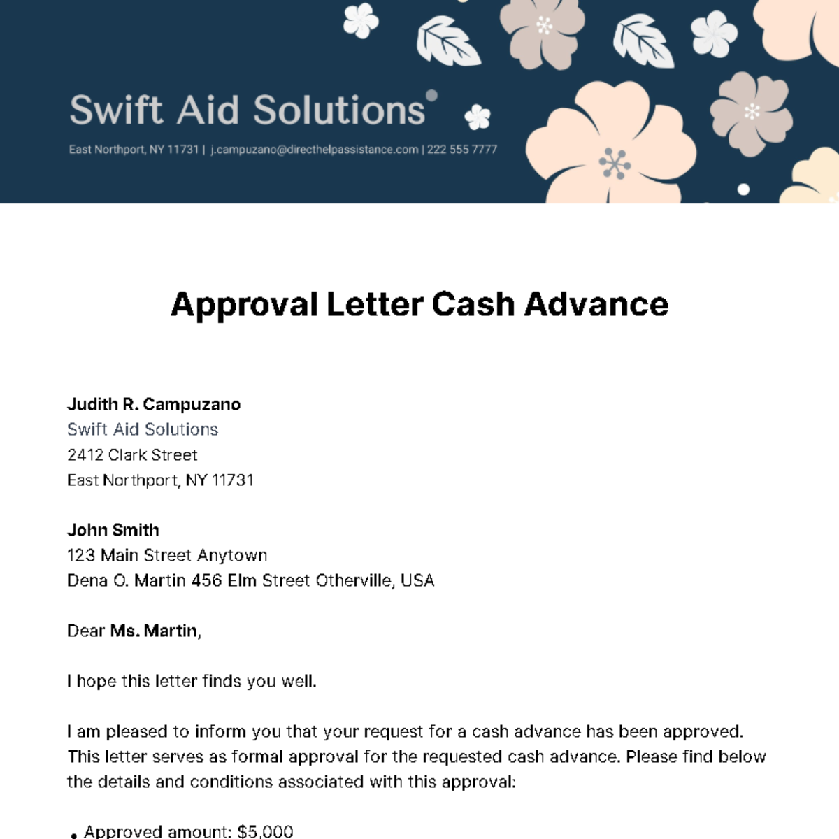 Approval Letter for Cash Advance  Template