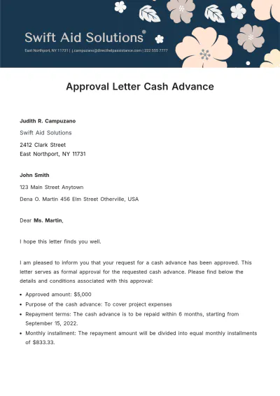 Free Approval Letter for Cash Advance  Template to Edit Online